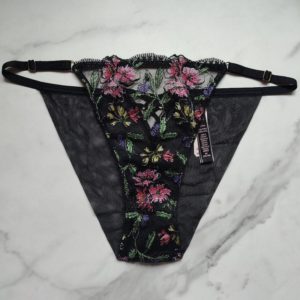 NWT VICTORIA'S SECRET VERY SEXY EMBROIDERED ADJUSTABLE STRING CHEEKY PANTY IN BL